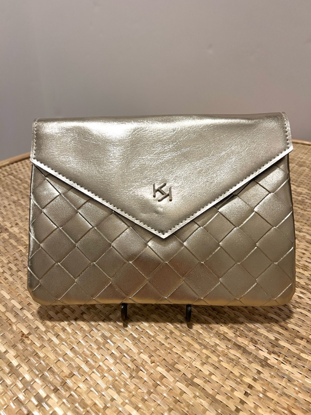 Kiko Milano Metallic Gold Vegan Leather Woven Envelope Clutch Purse Prom Gala